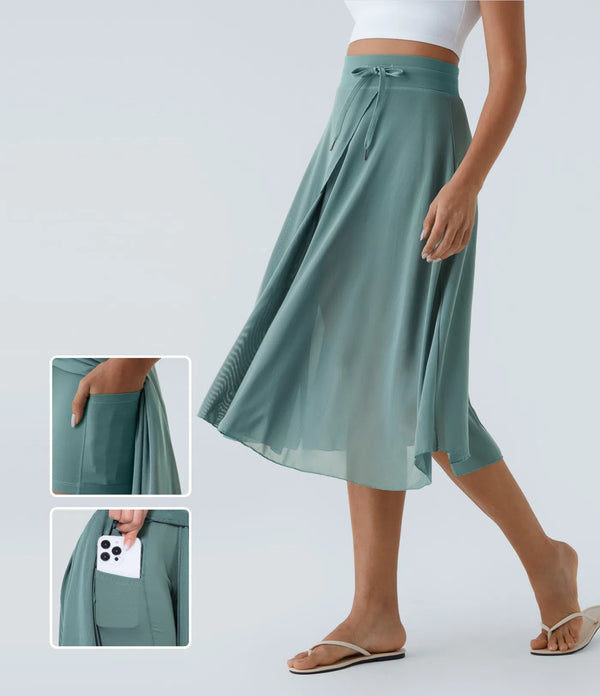 Jupe Midi Fluide à Taille Haute avec Détail en Maille Contrastante et Poches Latérales