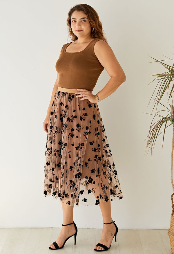 Jupe mi-longue en maille double couche avec motif posy en 3D Caramel