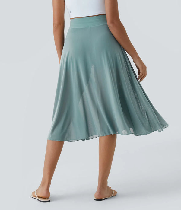 Jupe Midi Fluide à Taille Haute avec Détail en Maille Contrastante et Poches Latérales