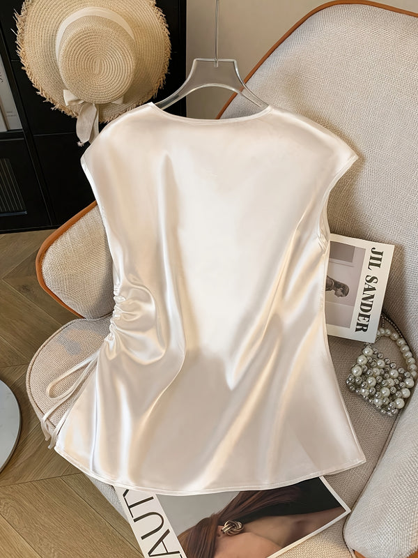 Chemise satinée élégante à col V – Détails plissés & taille ajustable chic femme printemps/été/automne
