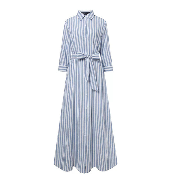 Robe à Rayures Verticales avec Ceinture : L'Élégance Décontractée en Coton et Lin