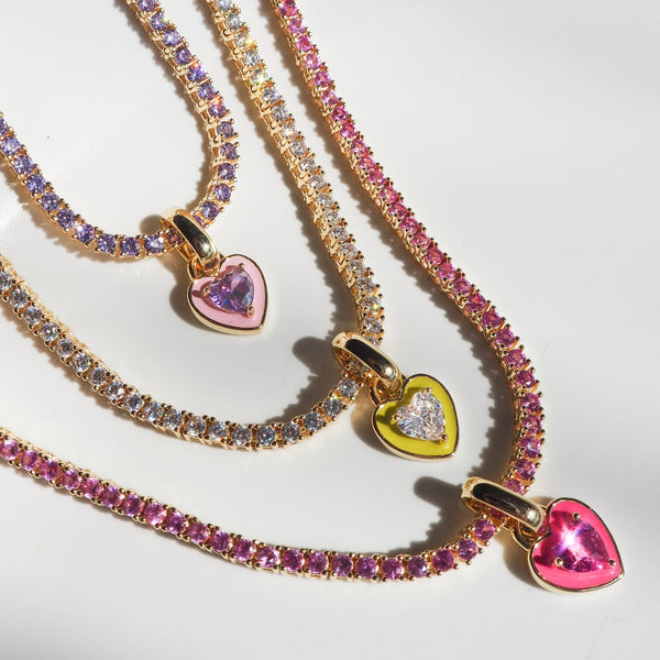 Collier de tennis à pendentif cœur en acier inoxydable, rose clair, rose vif et jaune :
