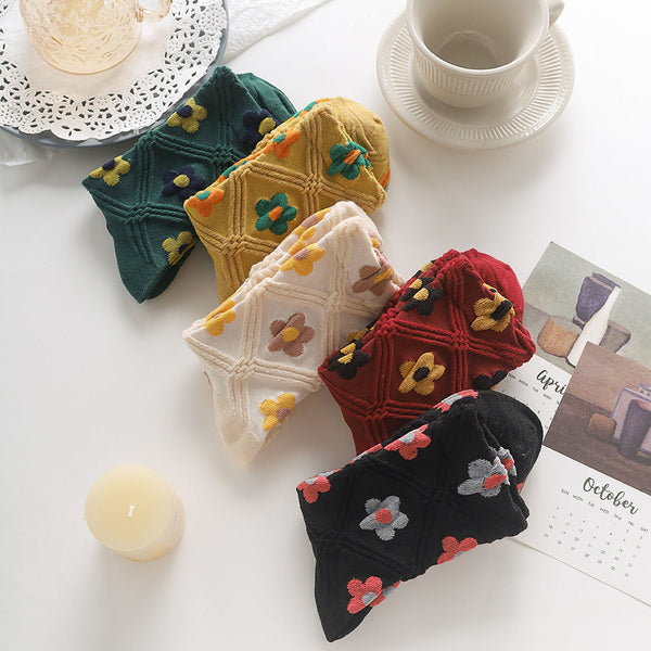 Chaussettes Brodées Fleur rose Vintage ( 5 paires )