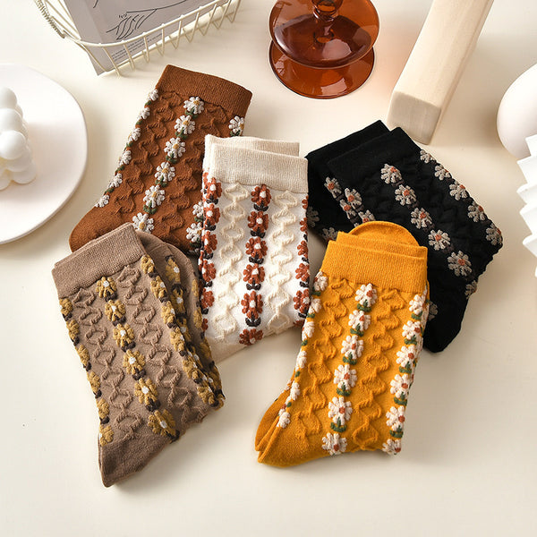Chaussettes Brodées Fleur rose Vintage ( 5 paires )
