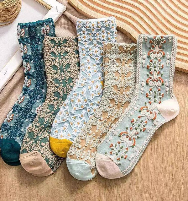 Chaussettes Brodées caprice de fleur Vintage ( 5 paires )