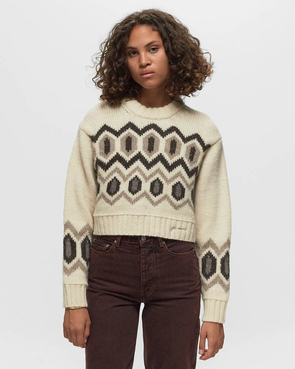 Ganni Pull en Laine Épais à Motif Graphique et Col Rond Court