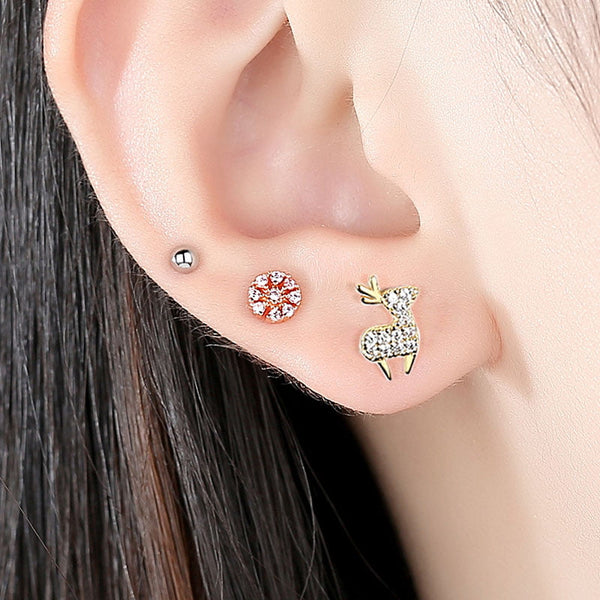 Lot de 6 boucles d'oreilles Renne et fleur en argent 925.