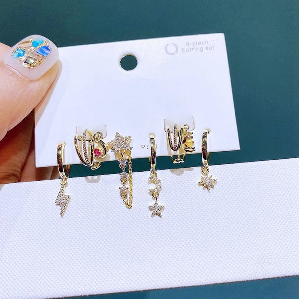 6 pièces boucle d'oreille Lightning Zircon Star