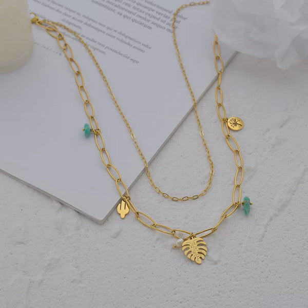 Collier Acier Inoxydable double Couches pierre d'amazonite