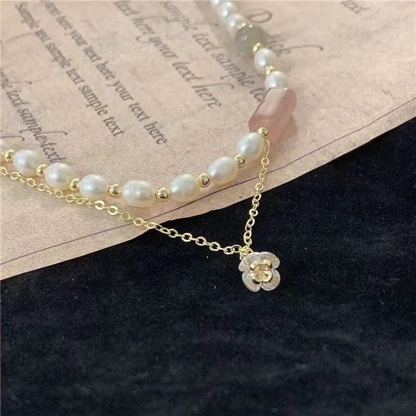 Perle d'eau douce, quartz fraise, labradorite