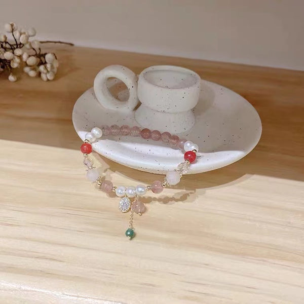 Bracelet à breloques ovales en quartz fraise perle d'eau douce