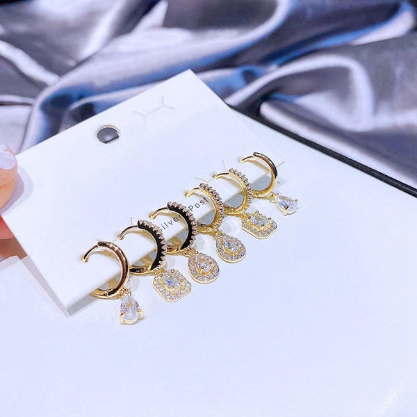 Ensemble de 6 Boucles D'oreilles Zircon en Teardrop Et Créoles Rectangle