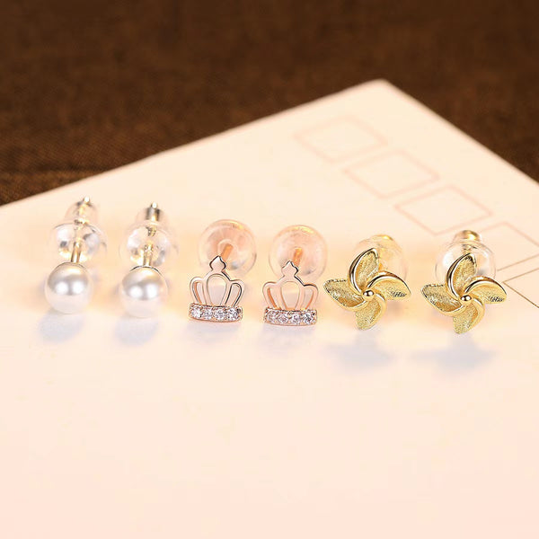 Ensemble de boucles d'oreilles 6pcs 925 Silver Tiara Pearl Pinwheel