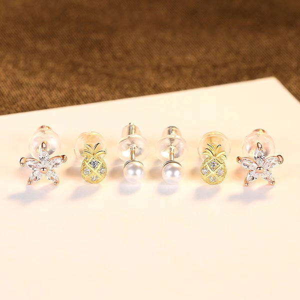 Ensemble de boucles d'oreilles 6pcs 925 Silver Tiara Pearl Pinwheel
