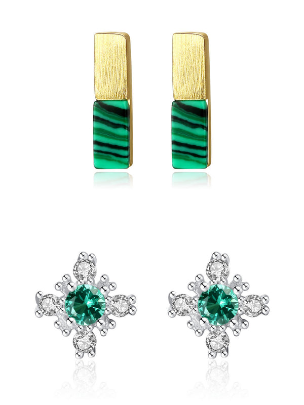 Ensemble de 2 boucles d'oreilles en argent 925 en pierre de malachite fleur