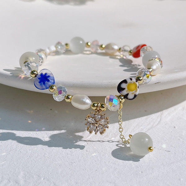 Bracelet Perle d'eau douce & Cat Eye & Millefiori Zircon Fleur