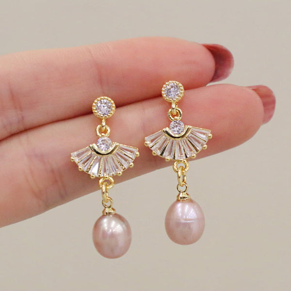 Boucle d'Oreille Perle d'Eau Douce Rose Zircon