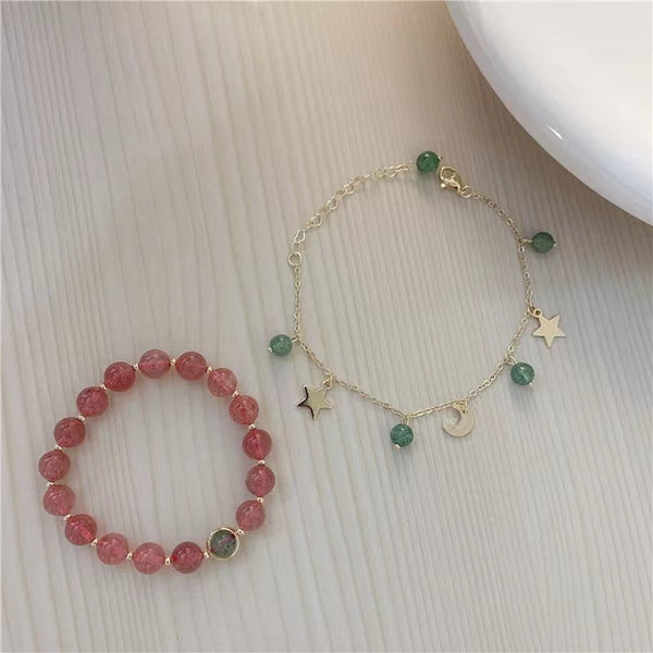 Ensemble de bracelets lune et étoile en quartz fraise