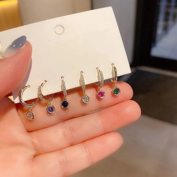 Boucle d'oreille 6pcs créoles rondes colorées en zircon