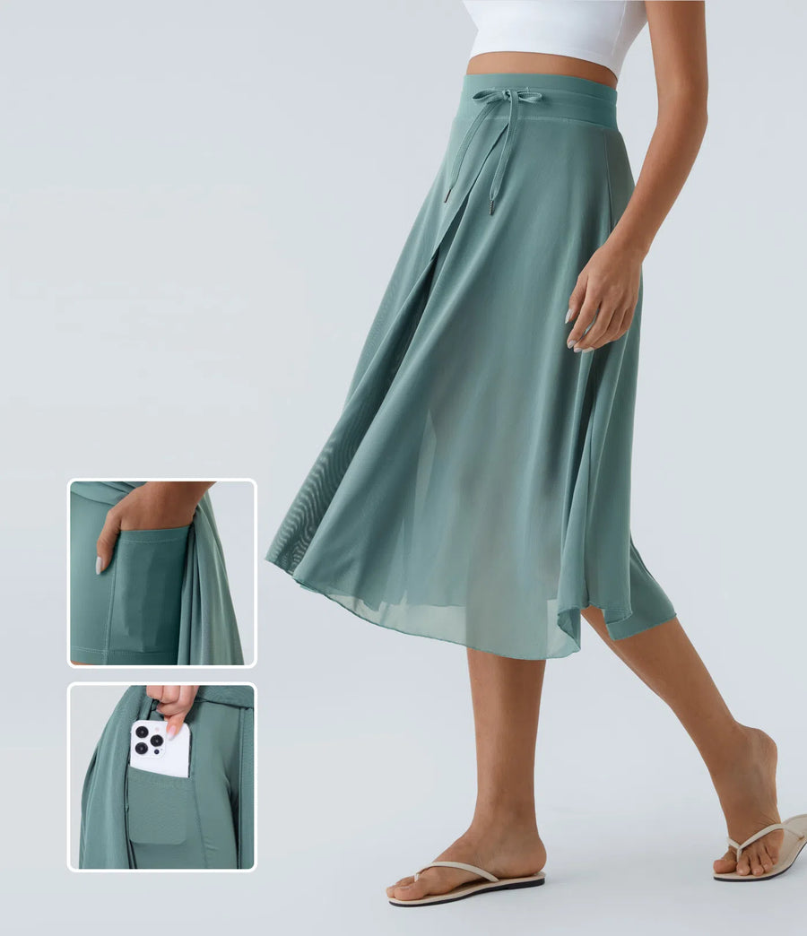 Jupe Midi Fluide à Taille Haute avec Détail en Maille Contrastante et Poches Latérales