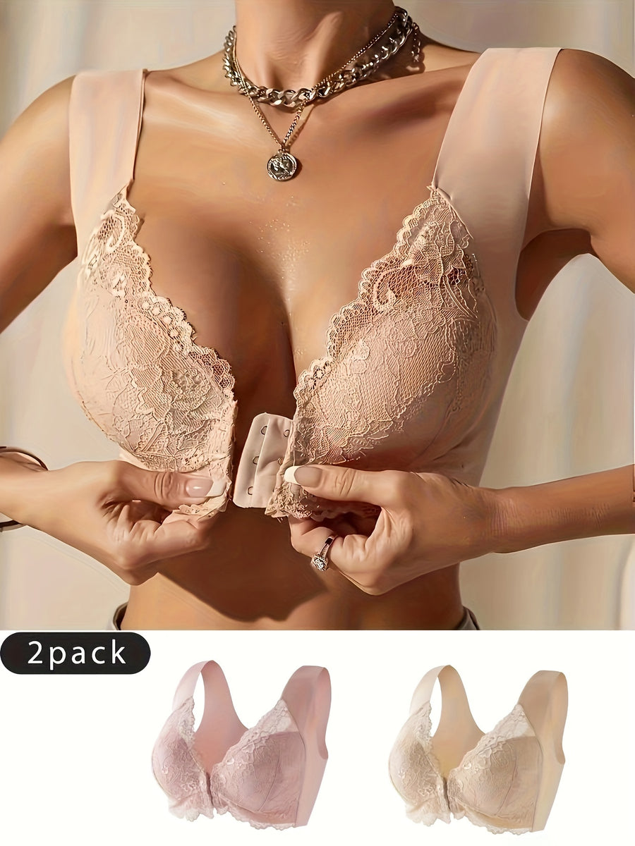 Women's Front-Closure Bra, Fashion Lace Lingerie 2pcs Set
