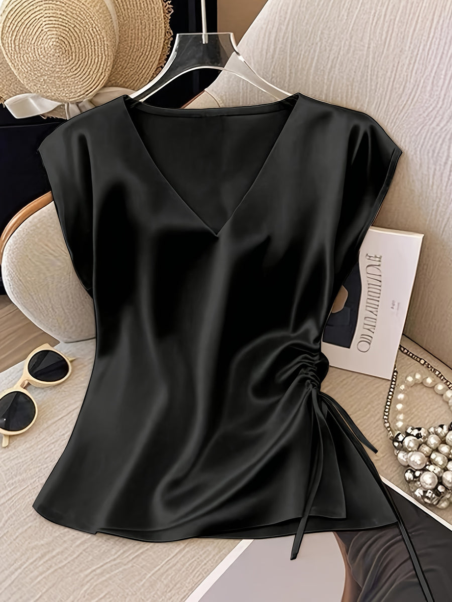 Women'S Solid Color Satin V-Neck Shirt with Pleated Detail | Elegant Drawstring Design for Spring/Summer/Fall