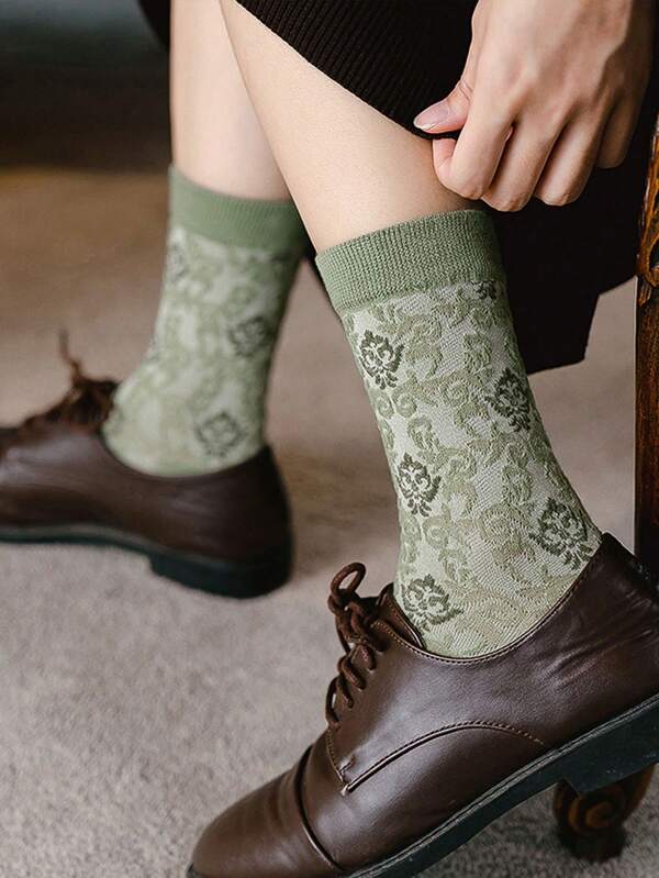 Chaussettes à Fleurs Brodées Vert Vintage ( 5 paires )