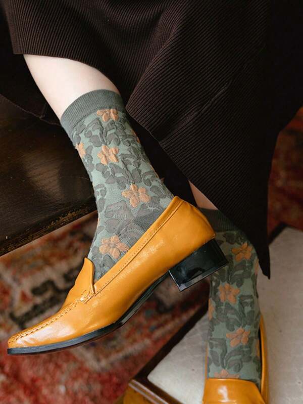 Chaussettes à Fleurs Brodées Vert Vintage ( 5 paires )