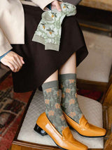 Chaussettes à Fleurs Brodées Vert Vintage ( 5 paires )