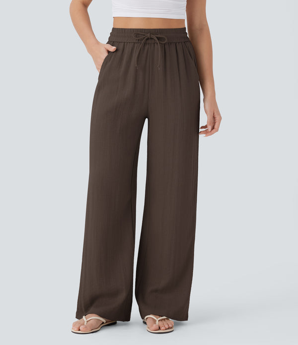 Pantalon large taille haute à cordon – style lin, poches pratiques