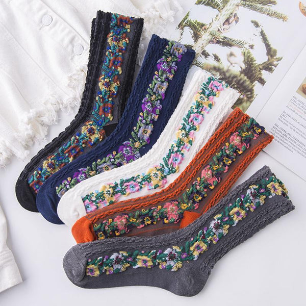 Chaussettes à Fleurs Brodées Vintage ( 5 paires )