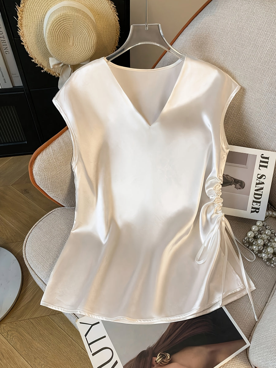 Women'S Solid Color Satin V-Neck Shirt with Pleated Detail | Elegant Drawstring Design for Spring/Summer/Fall