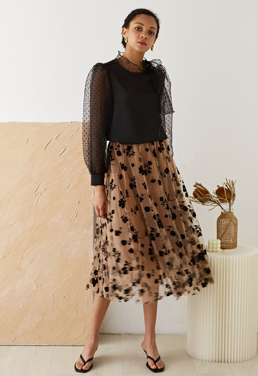 Jupe mi-longue en maille double couche avec motif posy en 3D Caramel