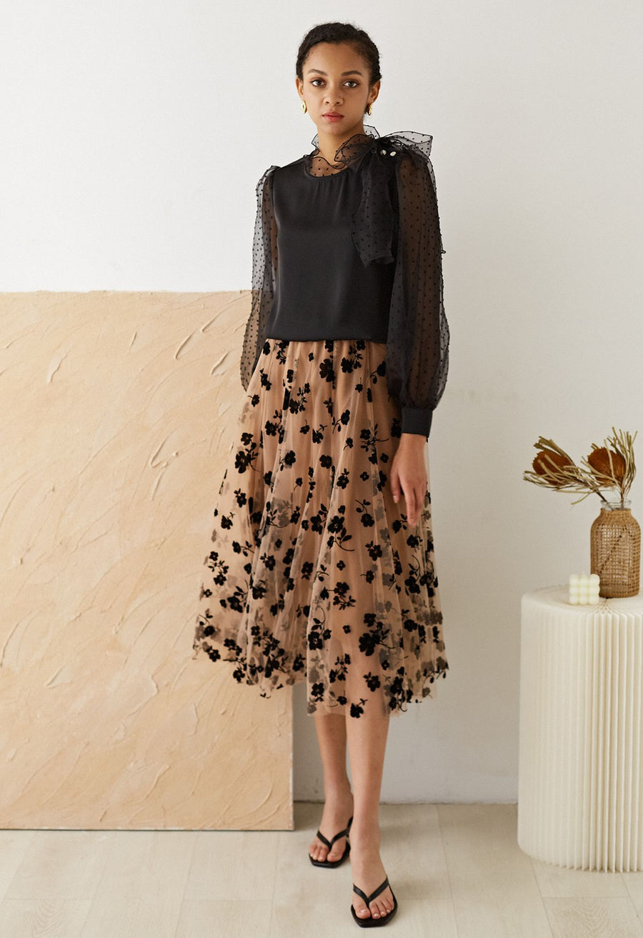 Jupe mi-longue en maille double couche avec motif posy en 3D Caramel