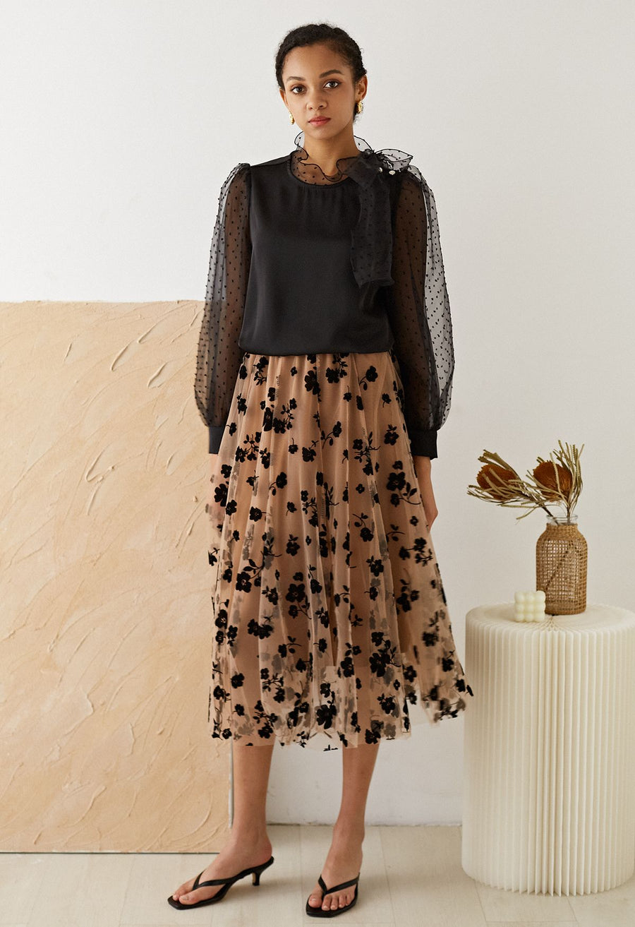Jupe mi-longue en maille double couche avec motif posy en 3D Caramel