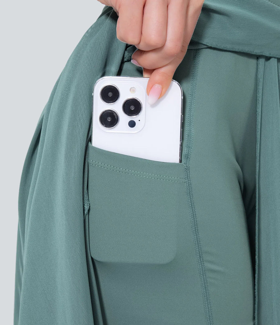 Jupe Midi Fluide à Taille Haute avec Détail en Maille Contrastante et Poches Latérales