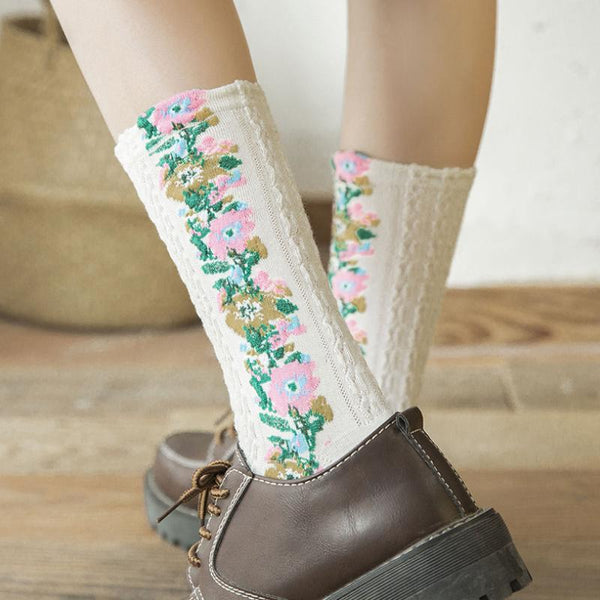 Chaussettes à Fleurs Brodées Vintage ( 5 paires )