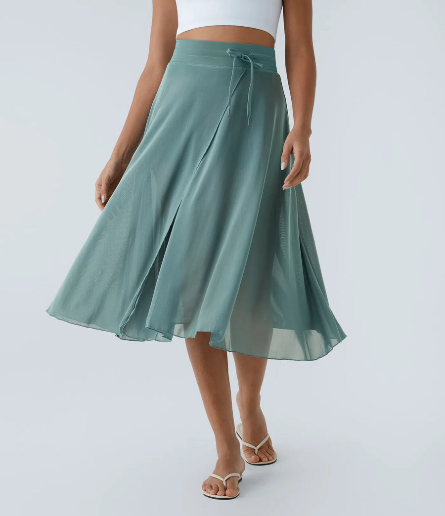 Jupe Midi Fluide à Taille Haute avec Détail en Maille Contrastante et Poches Latérales