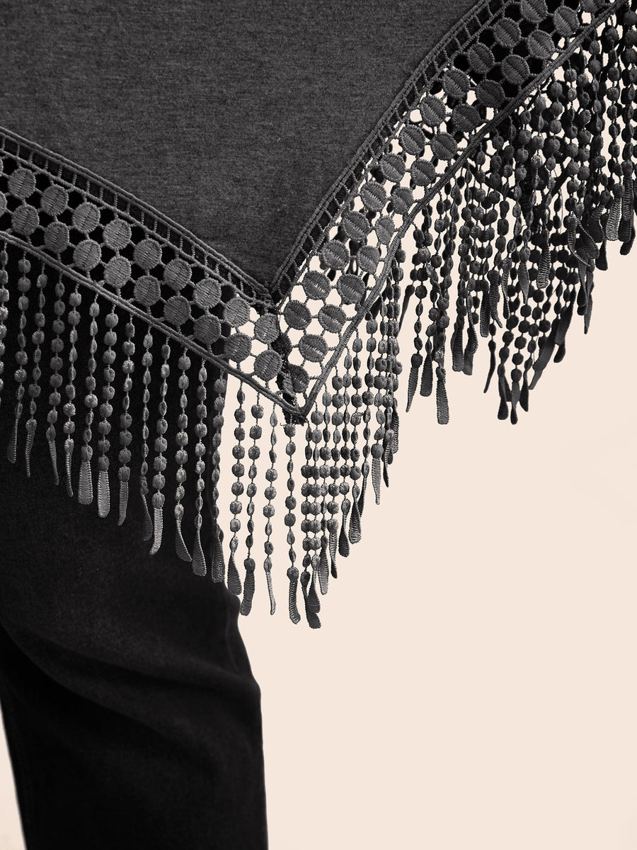 T-shirt à Col Rond Uni avec Détail en Dentelle et Franges