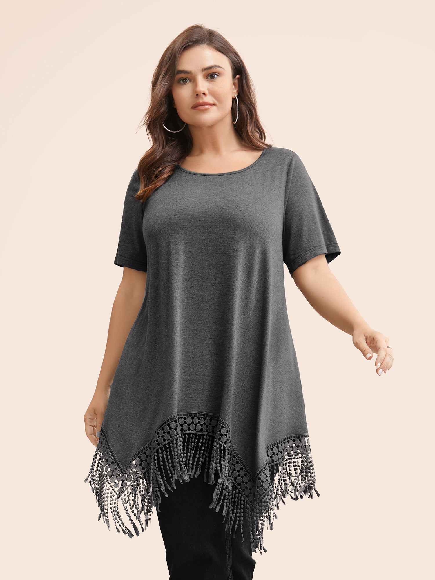 T-shirt à Col Rond Uni avec Détail en Dentelle et Franges