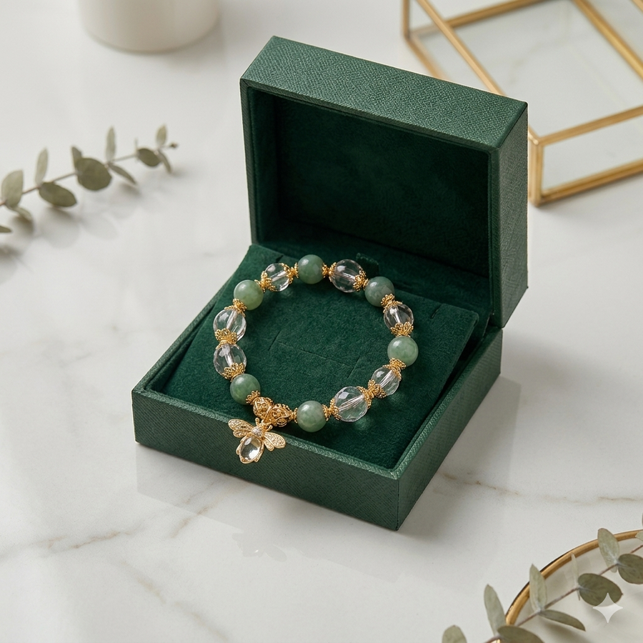 🐝💚 Bracelet Abeille – Cristal Tchèque & Agate Verte