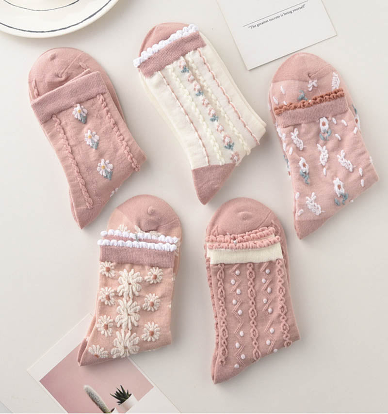 Chaussettes à Fleurs Brodées rose Vintage ( 5 paires )
