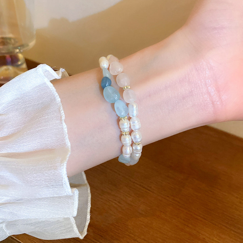 Ensemble de bracelets Perles d'eau douce, Quartz rose et Aigue-marine
