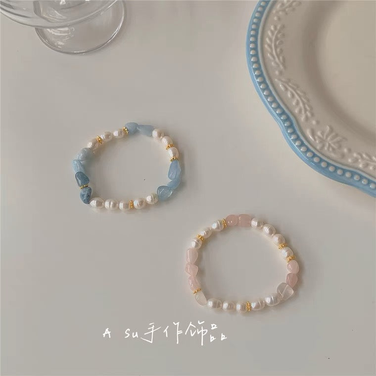 Ensemble de bracelets Perles d'eau douce, Quartz rose et Aigue-marine