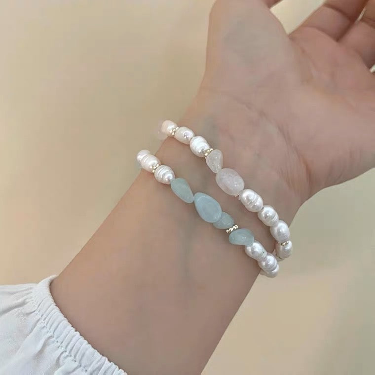 Ensemble de bracelets Perles d'eau douce, Quartz rose et Aigue-marine