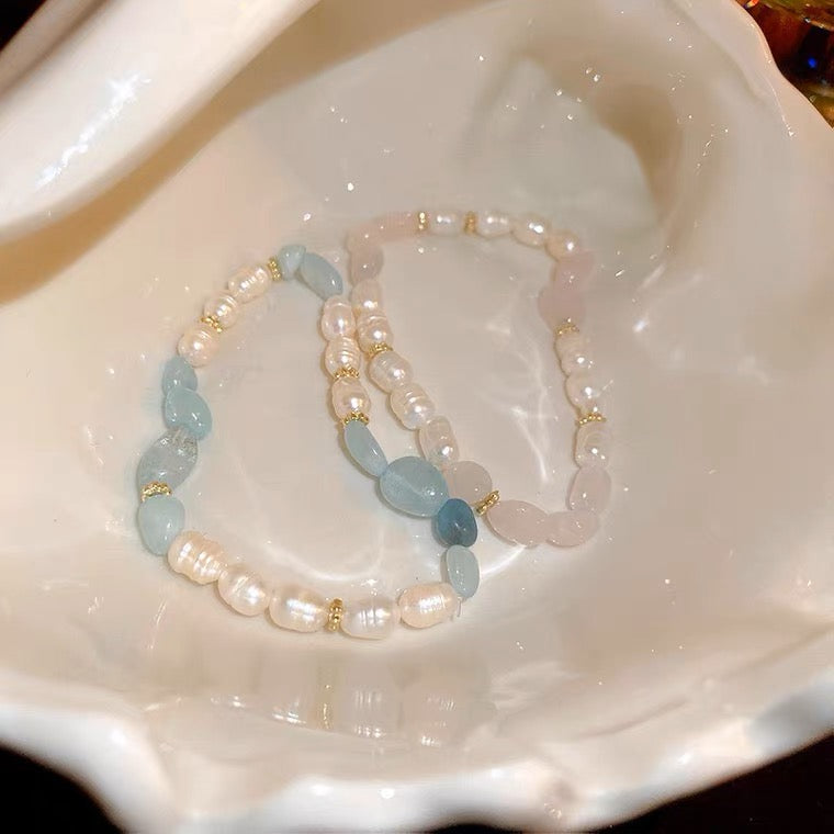 Ensemble de bracelets Perles d'eau douce, Quartz rose et Aigue-marine