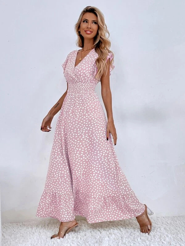 Robe Léopard Papillon Rose et Noir à Ourlet Volant