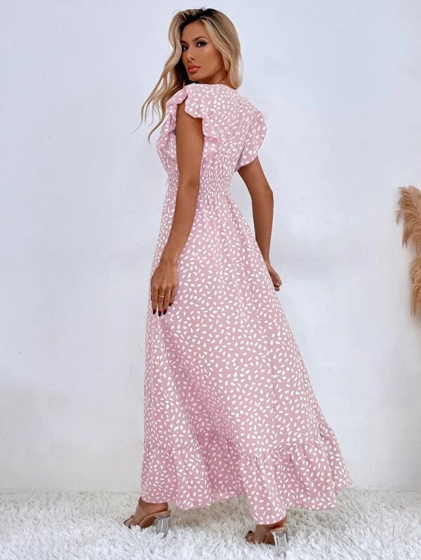 Robe Léopard Papillon Rose et Noir à Ourlet Volant