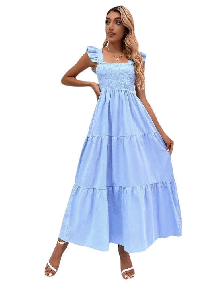 Robe Longue à Encolure Carrée avec Volants Élégants