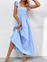 Robe Longue à Encolure Carrée avec Volants Élégants